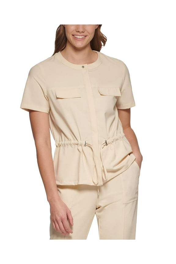 Womens Short Sleeve Drawstring Waist Jacket Drawstrin Wheat XS