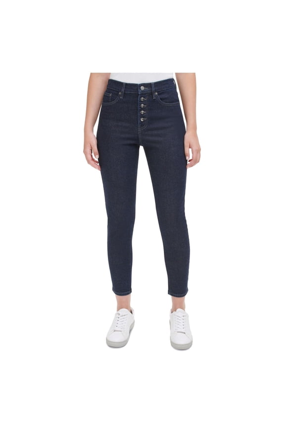 Womens Exposed Button Fly Skinny Fit Jeans, Blue, 24