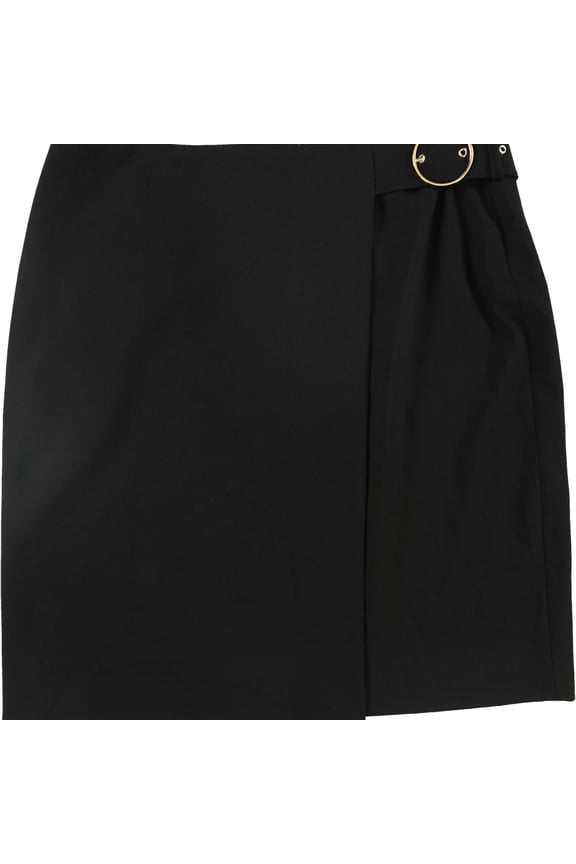 Womens Faux Belt Front A-line Skirt, Black, Petite, 14P