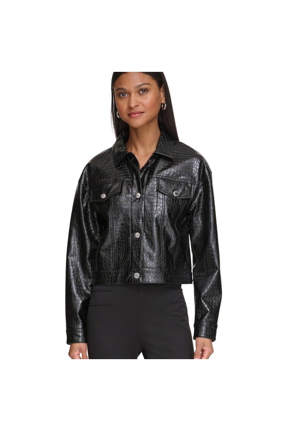 Womens Faux Crocodile Cropped Jacket, Black, X-Small