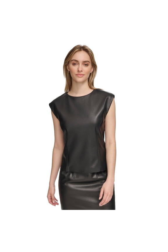 Womens Faux Leather Cap Sleeve Tank Top, Black, 10