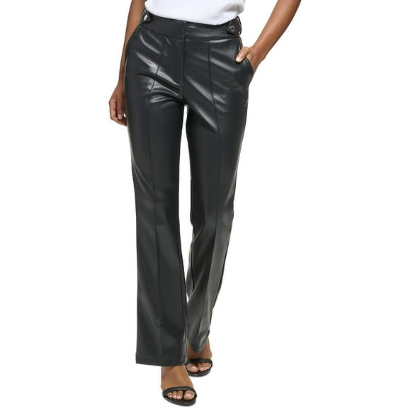 Calvin Klein Womens Faux Leather High Rise Flared Pants