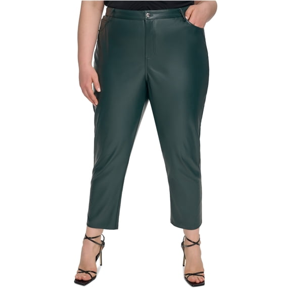 Calvin Klein Womens Faux Leather Straight Casual Trouser Pants, Green, Plus Size, 18W