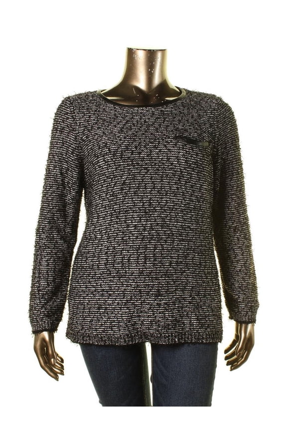 Womens Faux Leather Trim Crew Neck Pullover Sweater