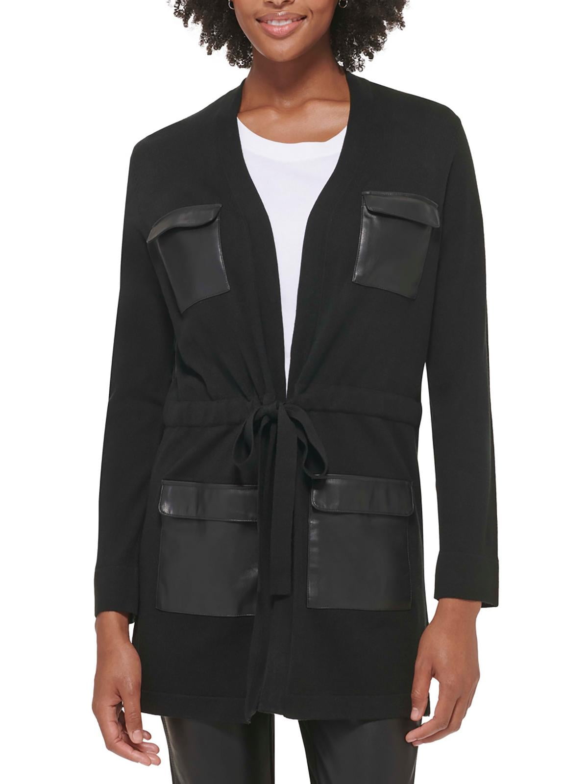 Calvin Klein Womens Faux Leather Trim Open Front Cardigan Sweater