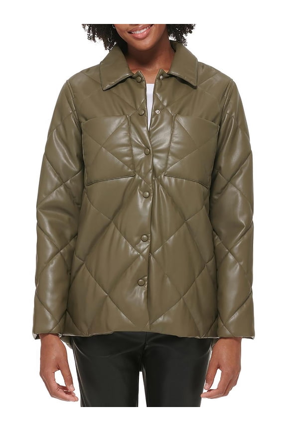 Womens Faux Leather Warm Quilted Coat