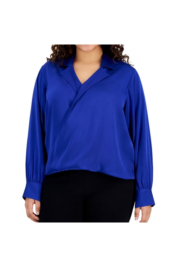 Womens Faux-Wrap Wrap Blouse, Blue, Plus Size, 3X