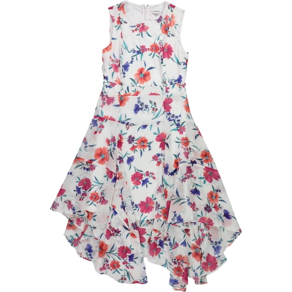 Calvin Klein Womens Floral Asymmetrical Hem Midi Dress, White, Petite, 6P