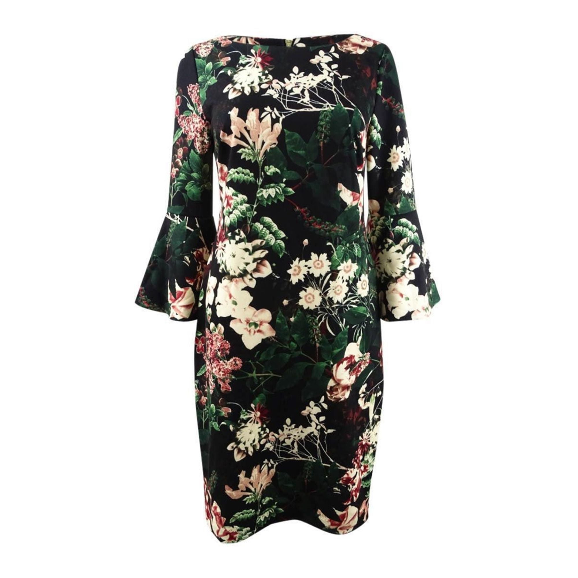 knee length dresses for ladies Calvin Klein Black Floral Faux Wrap LS Midi Dress