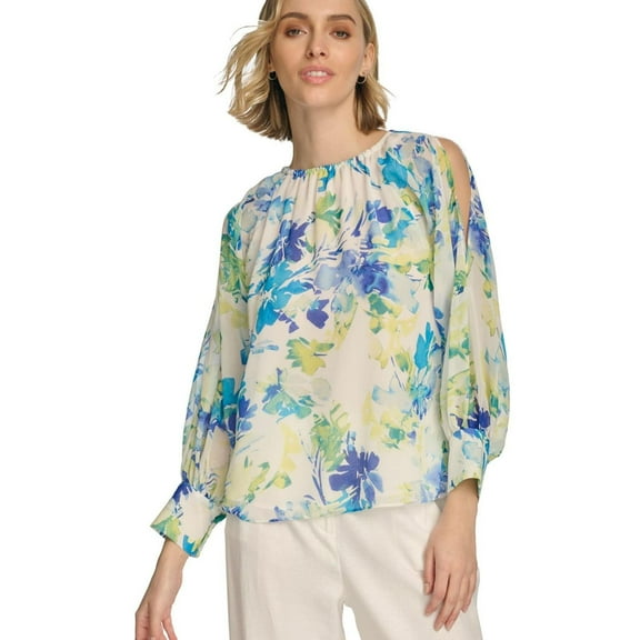 Calvin Klein Womens Floral Cold Shoulder Blouse, Multicoloured, Small