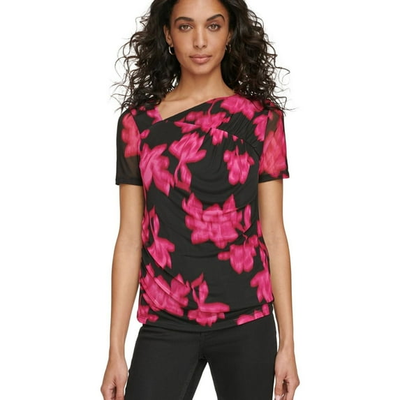 Calvin Klein Womens Floral Knit Blouse, Black, X-Large