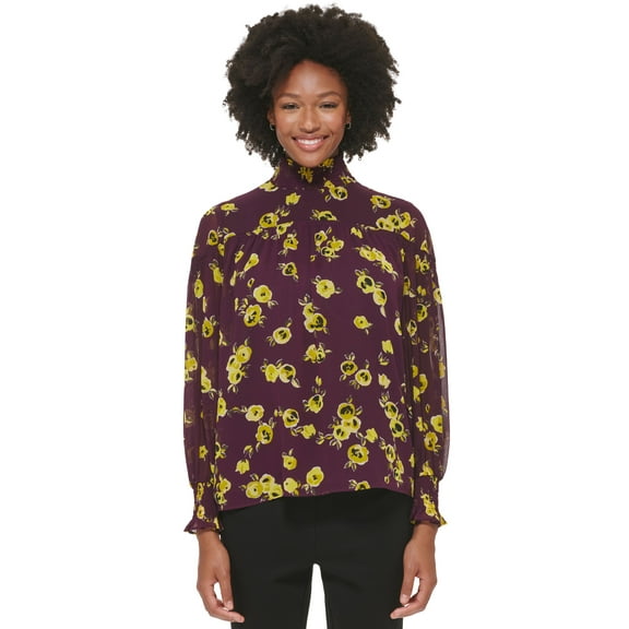 Calvin Klein Womens Floral Mock Neck Blouse Aubergine Combo XL