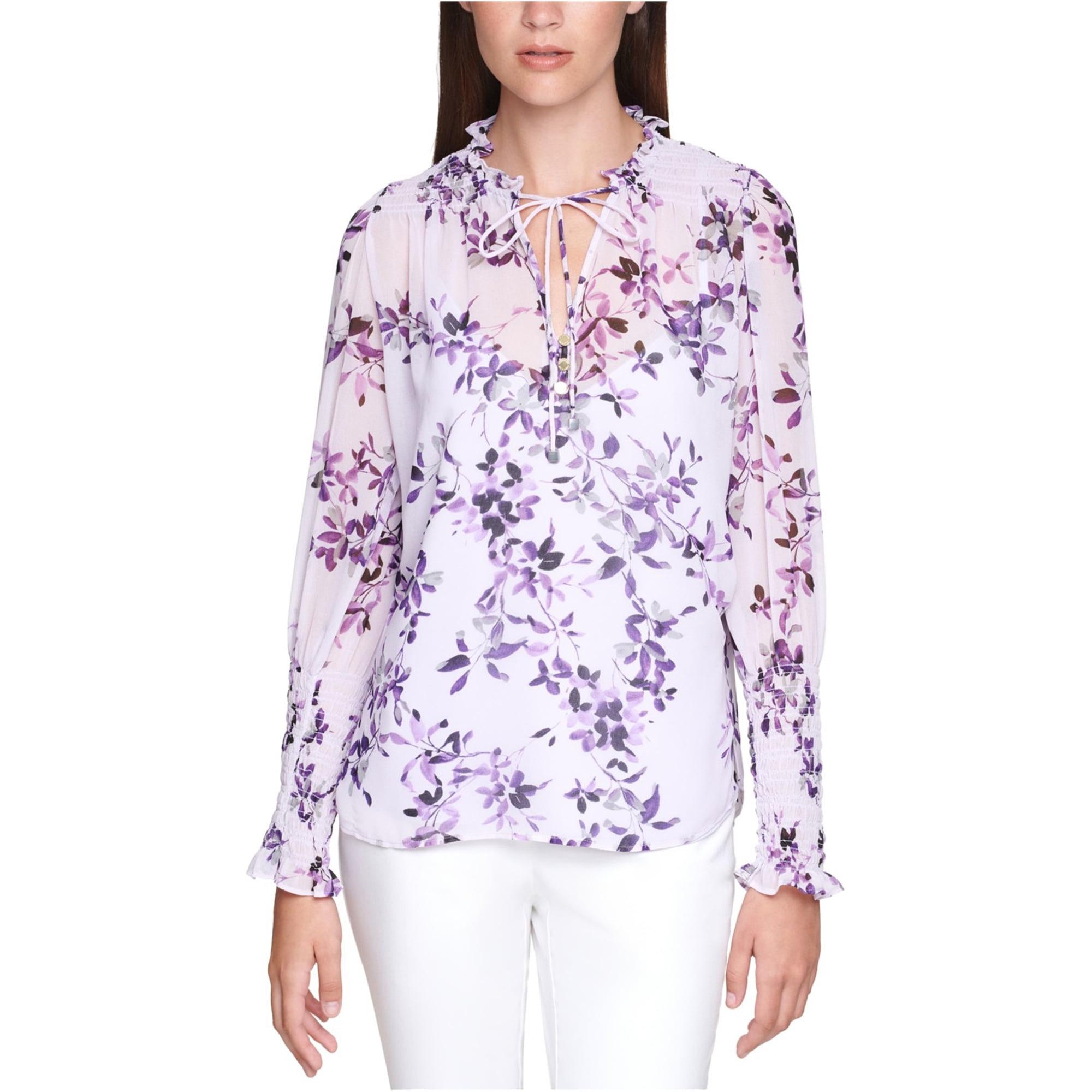 Calvin Klein Womens Floral Print Peasant Blouse, Purple, 2X
