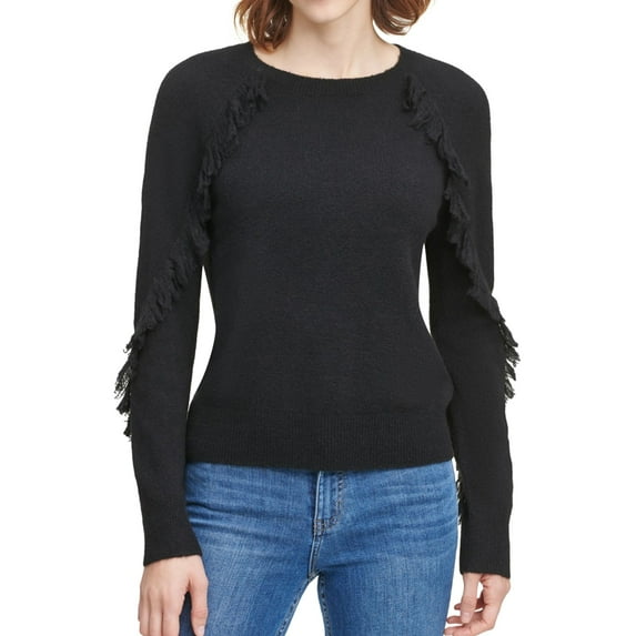Calvin Klein Womens Fringe Trim Pullover Sweater, Black, Small