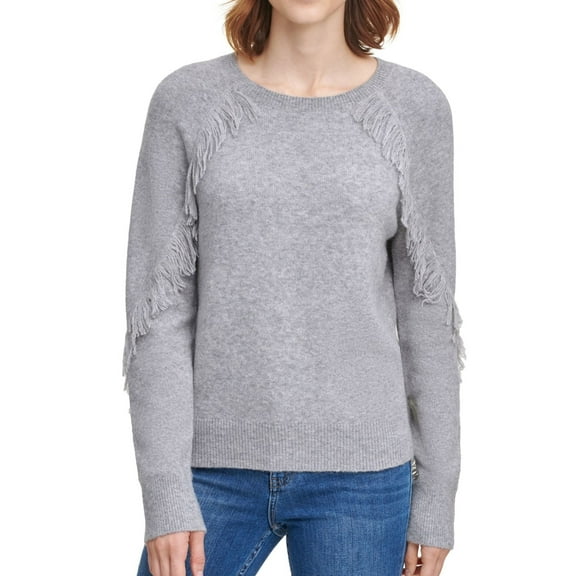 Calvin Klein Womens Fringe Trim Pullover Sweater, Grey, X-Small