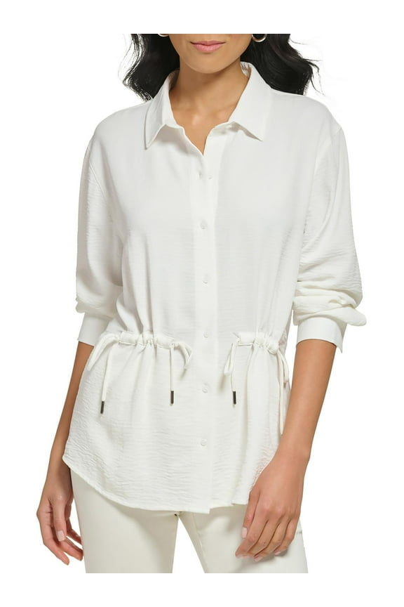 Womens Gathered Detail Collared Button-Down Top