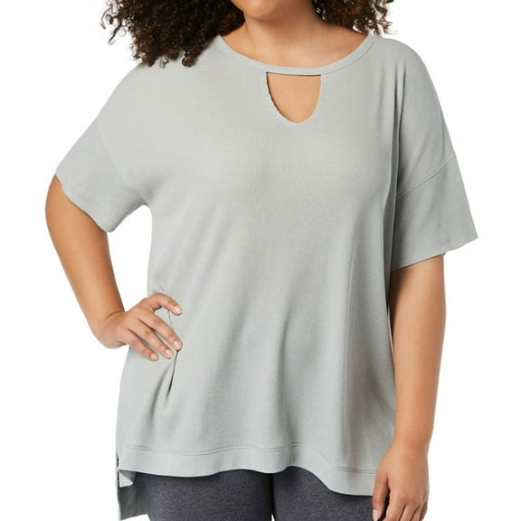 Calvin Klein Womens Keyhole Asymmetrical-Hem Knit Blouse, Grey, Plus Size, 3X