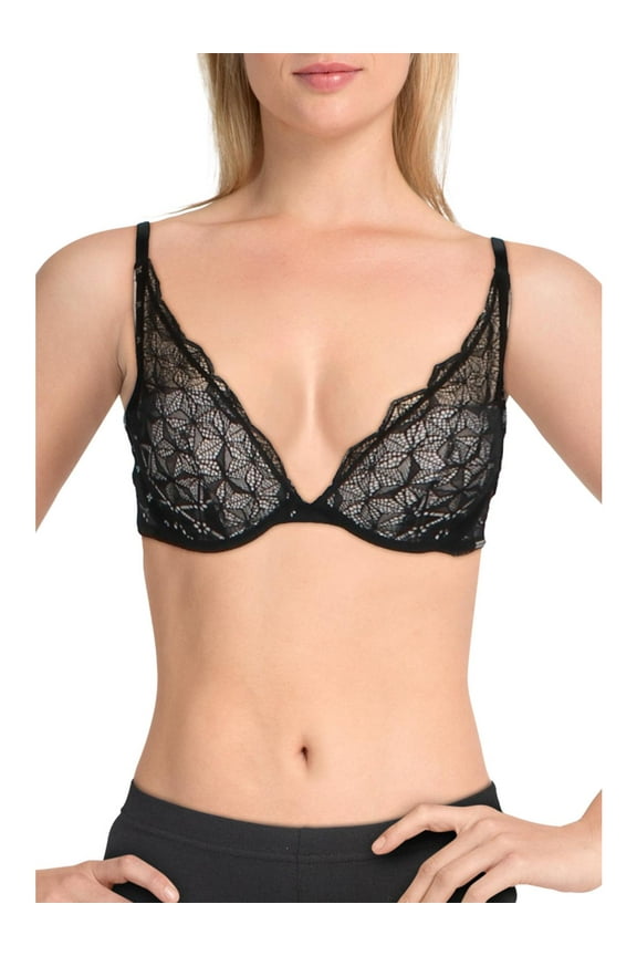 Womens Lace Plunge Push-Up Bra Black 32C