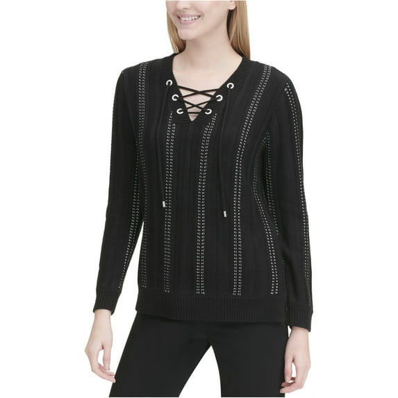 Calvin Klein Womens Lace-Up Pullover Sweater, Black, X-Small