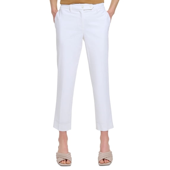 Calvin Klein Womens Linen Blend Tab Waist Slim Pants Cream 4