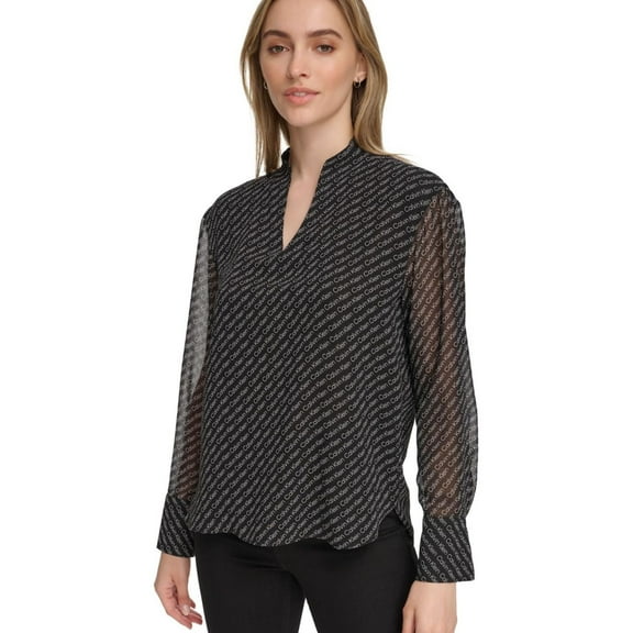 Calvin Klein Womens Logo Split Neck Pullover Blouse, Black, X-Small