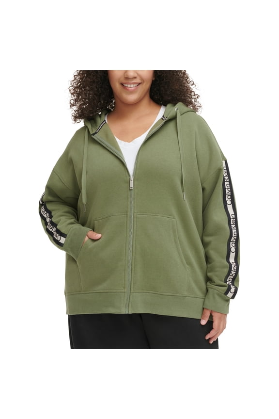Womens Logo Stripe Hoodie Sweatshirt, Green, Plus Size, 1X