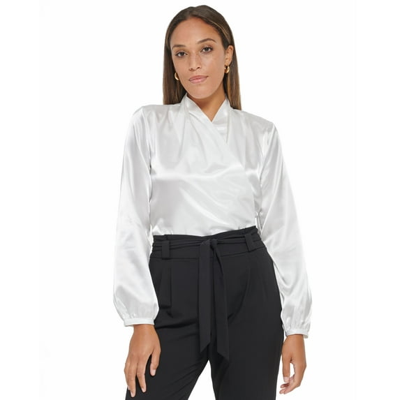Calvin Klein Womens Long Sleeve Faux Wrap Blouse White S
