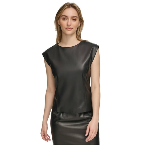 Calvin Klein Womens Faux Leather Cap Sleeve Tank Top, Black, 2