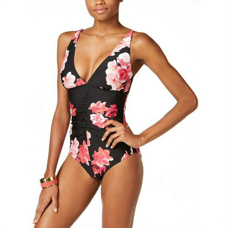 Calvin Klein Womens One Piece Ruched Front Swimsuit, Black Pink Floral, 6