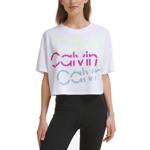 Calvin Klein Womens Performance Sliced Logo Cropped T-Shirt,Melrose,Large