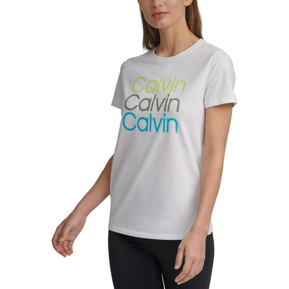 Calvin Klein Womens Performance Triple Logo T-Shirt,Bright Turquoise,Small