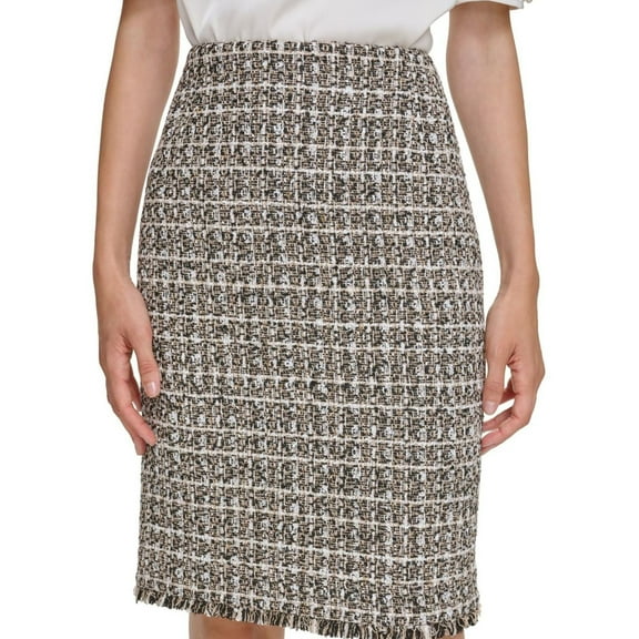Calvin Klein Womens Boucle Knit Zip Back Fringe Trim Pencil Skirt, Multicoloured, Petite, 8P