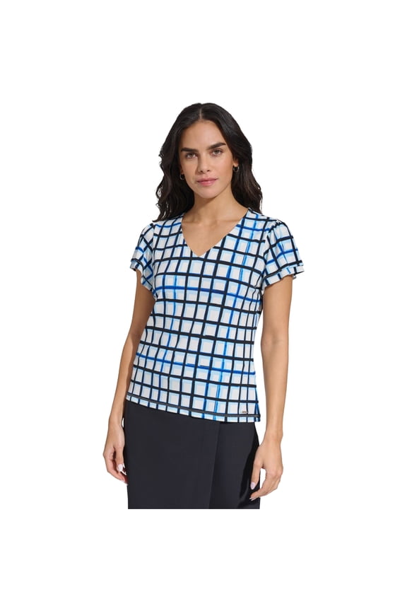 Womens Tiered Sleeve Pullover Blouse, Blue, Petite, P/PS