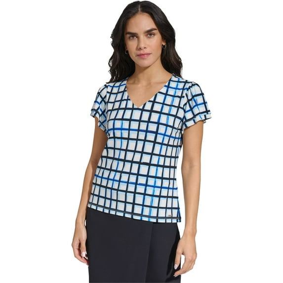 Calvin Klein Womens Tiered Sleeve Pullover Blouse, Blue, Petite, P/PS