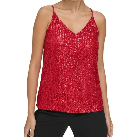 Calvin Klein Womens Sequin Camisole Cami Tank Top, Red, Petite, PL