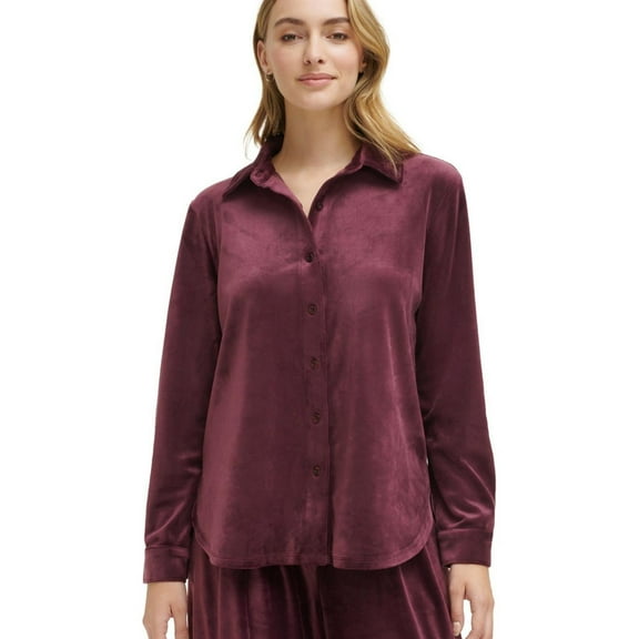 Calvin Klein Womens Velour Button Down Pajama Tops, Purple, X-Large
