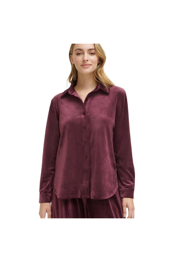 Womens Velour Button Down Pajama Tops, Purple, X-Large