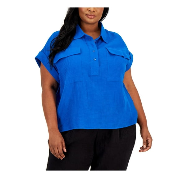 Calvin Klein Womens Plus Collared Textured Blouse