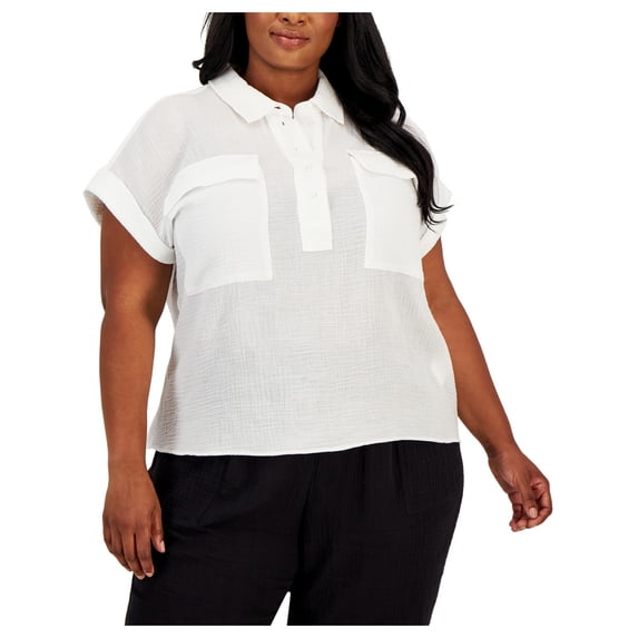 Calvin Klein Womens Plus Collared Textured Blouse