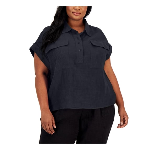 Calvin Klein Womens Plus Collared Textured Blouse