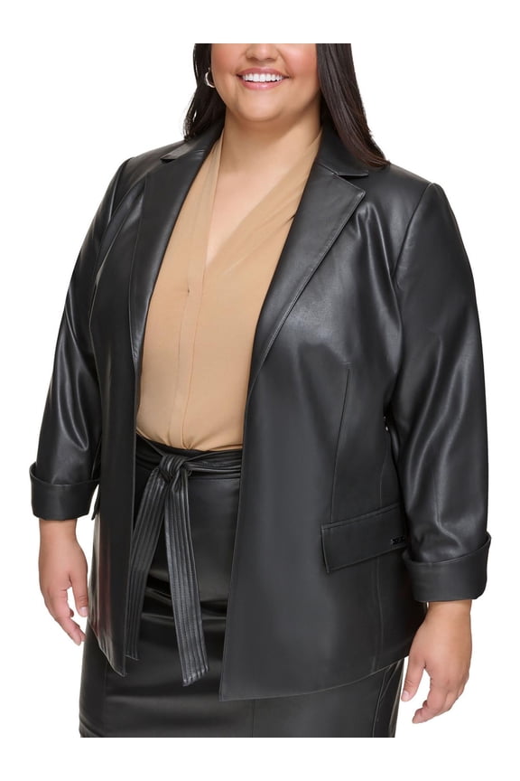 Womens Plus Faux Leather Suit Separate Open-Front Blazer