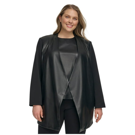 Calvin Klein Womens Mixed-Media Long-Sleeve Blazer Jacket, Black, Plus Size, 20W