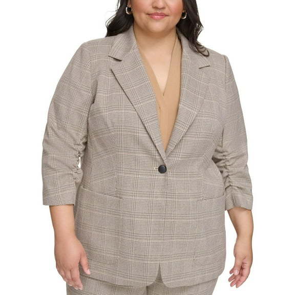 Calvin Klein Womens Ruched Sleeve Glen Check One Button Blazer Jacket, Beige, Plus Size, 16W