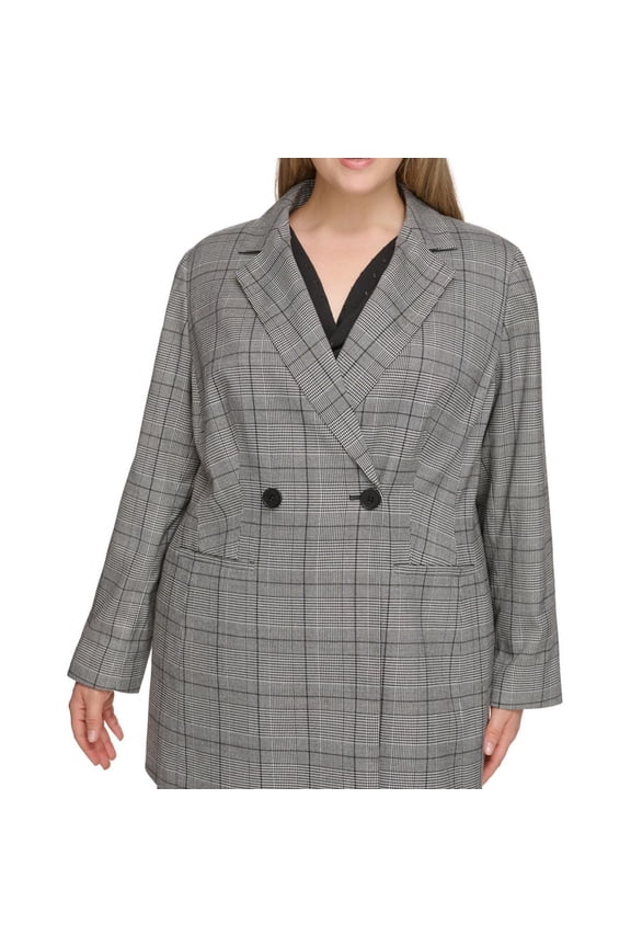 Womens Plaid-Print Blazer Jacket, Black, Plus Size, 16W