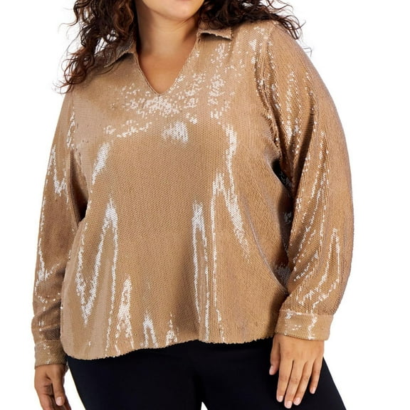 Calvin Klein Womens Sequined Pullover Blouse, Beige, Plus Size, 0X