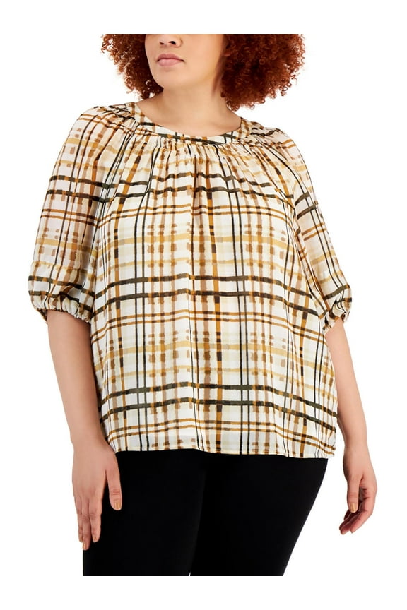 Womens Plus Smocked Printed Blouse