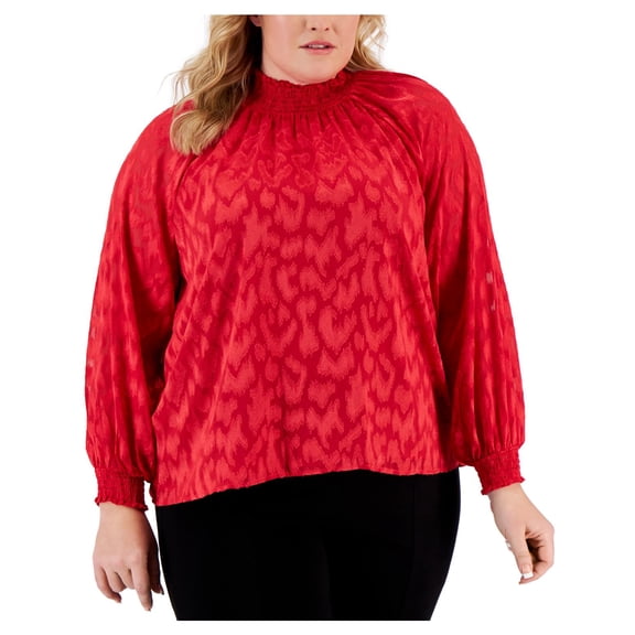 Calvin Klein Plus Size Printed Ruffled Collar Top Rouge 2X