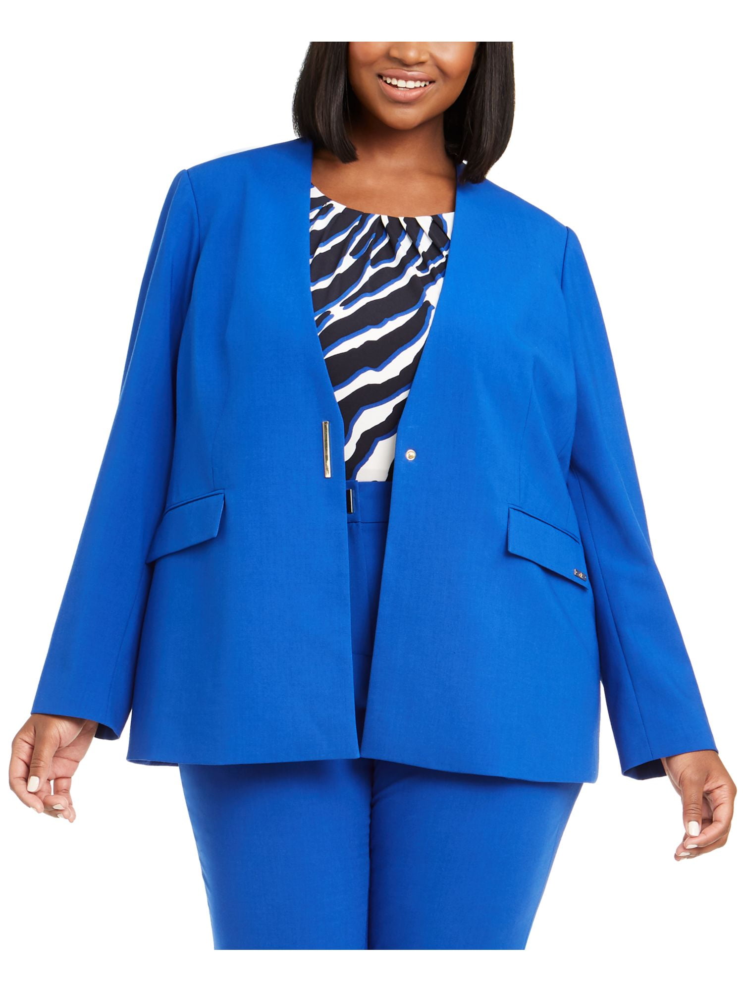 Calvin Klein Womens Plus V-Neck Business Collarless Blazer Blue 14W