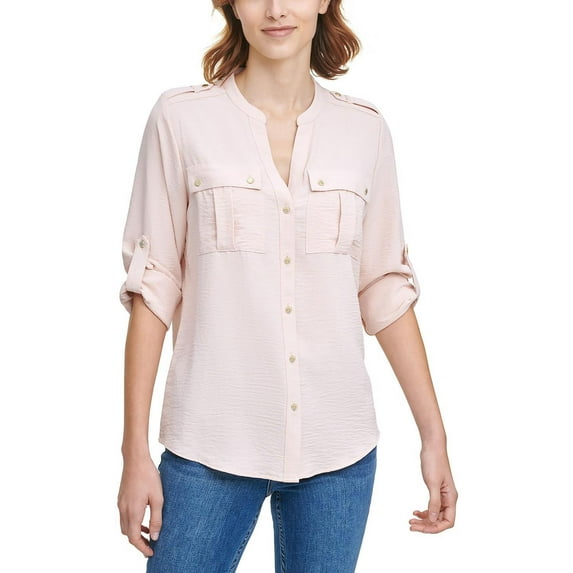 Calvin Klein Womens Pocket Oversized Button-Down Top