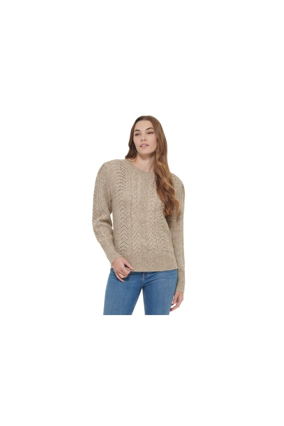 Womens Pointelle Mixed Stitch Sweater Heather Light Brown Multi L